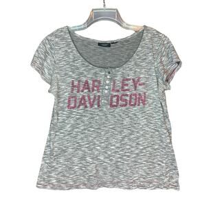 Harley Davidson Heather Grey Graphic Tee Shirt Henley T-Shirt XL